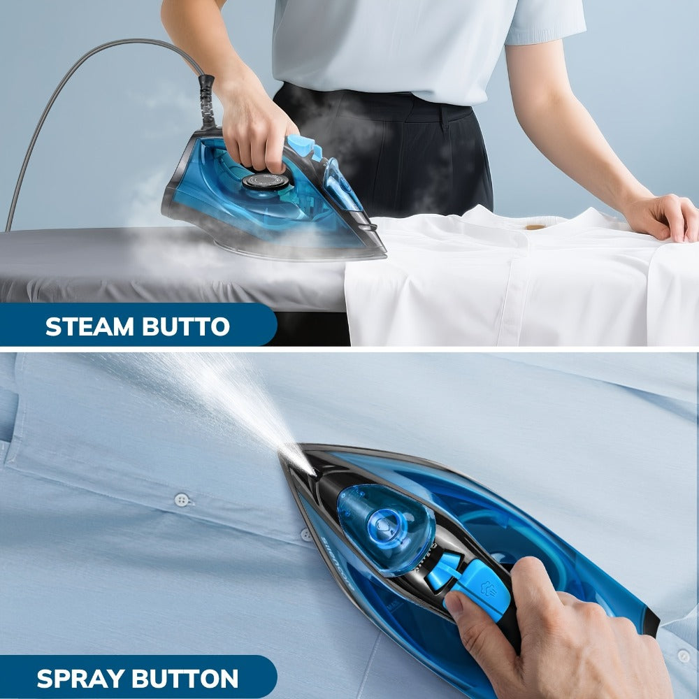 Steam Iron Non-Stick Bottom Plate High Pressure Anti-Calc Safety Protection Adjustable Temperature Steam Settings Dry Wet Clothes Fast Heating Travel Essential Blue