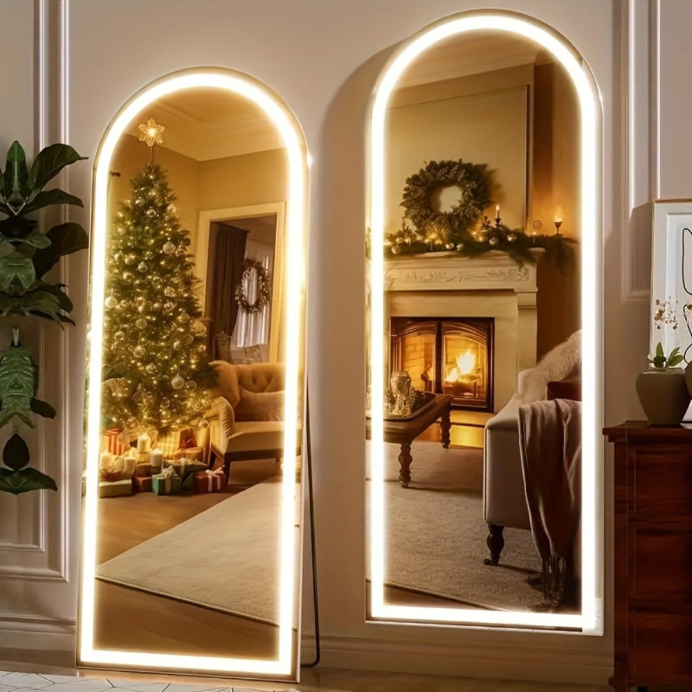 Full Length Mirror Floor Standing with LED Light - Arched & Rect Aluminum Frame Dressing Mirror for Bedroom Living Room, Black/Golden/White