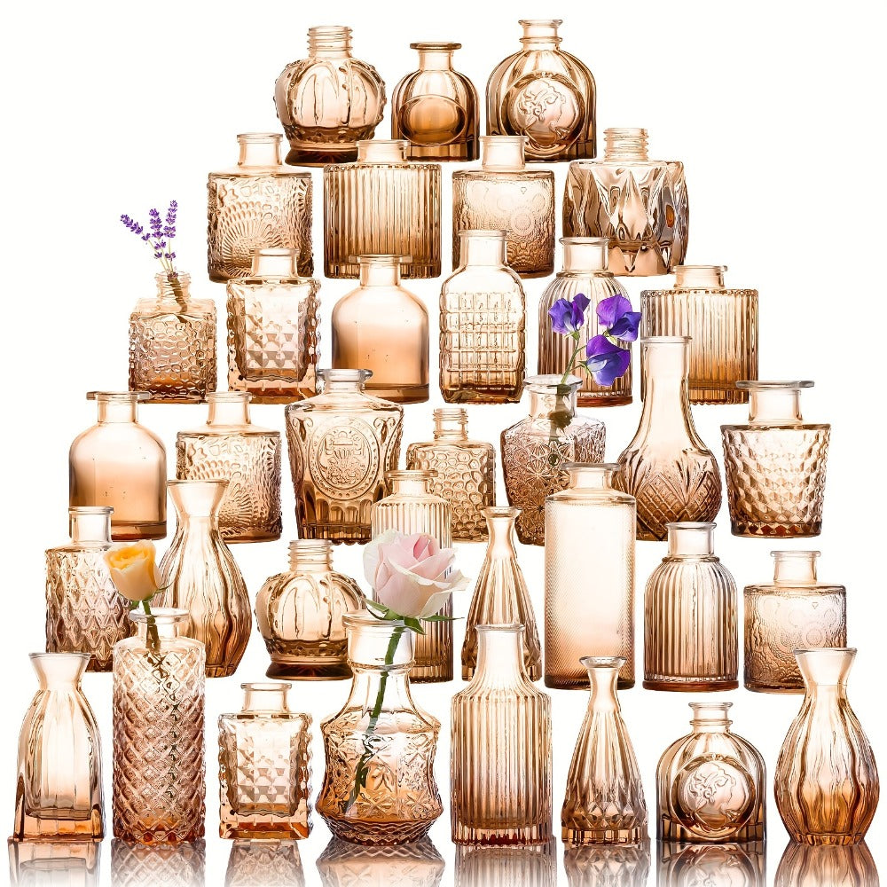 Amber Glass Bud Vase Set of 36 Small Vases for Flowers Mini Flower Vases in Bulk for Rustic Wedding Centerpieces Vintage Home Table Decor Halloween Christmas Multiple Sizes