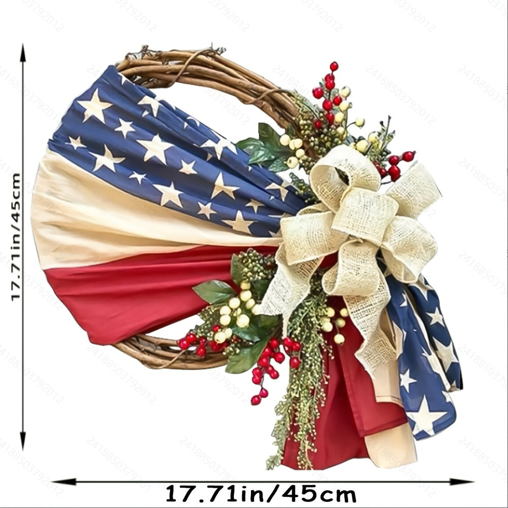 Patriotic 4th of July Door Wreath ¨C Red White & Blue American Flag Wreath with Burlap Bow for Independence Day, Memorial Day & Patriotic Home, Porch & Office Decor