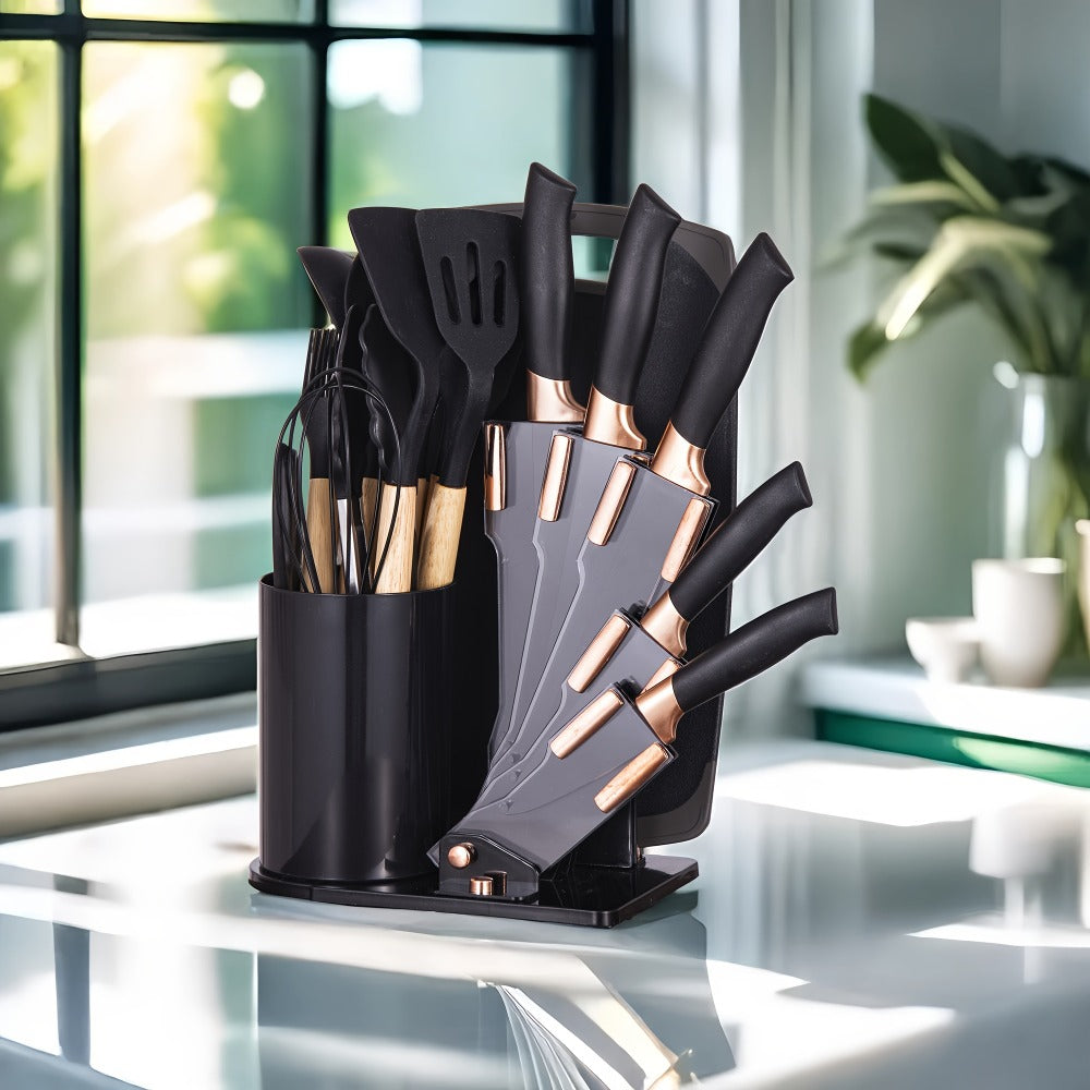 19-Piece Kitchen Knife & Utensil Set with Wooden Handles, Non-Stick Blades, Silicone Cooking Tools, Cutting Board, Scissors & Holder