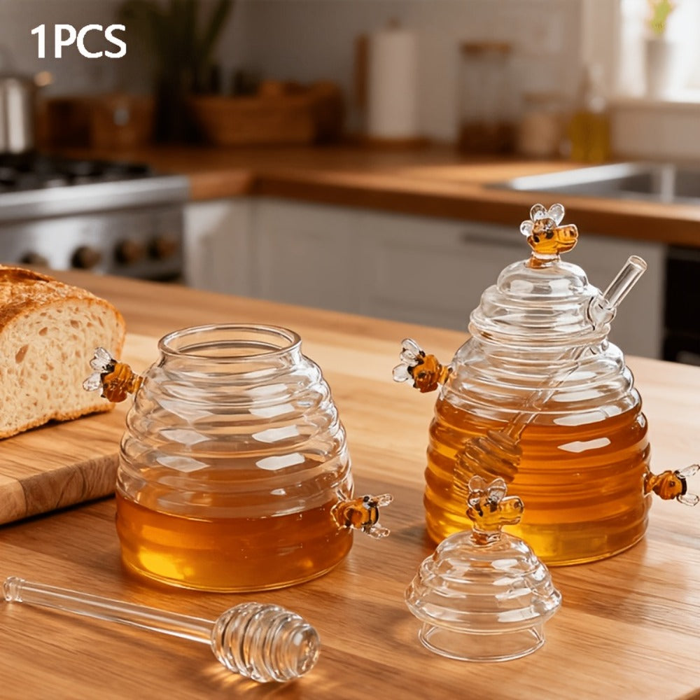 Glass Honeycomb Honey Jar with Lid and Stirrer | 480ml High Borosilicate Transparent Storage Container for Home Kitchen Wedding Party