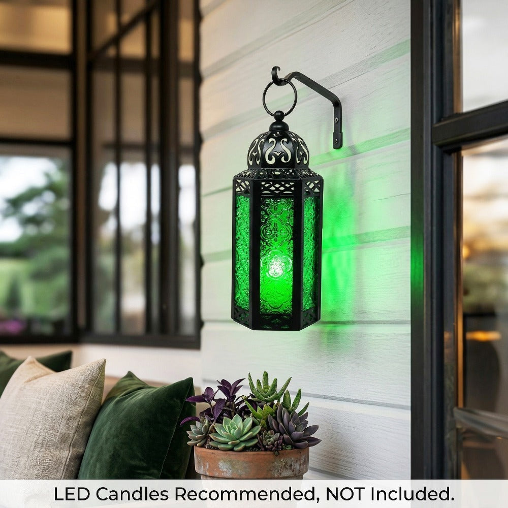 Moroccan Candle Lantern Holder - Decorative Metal & Glass Lantern with Embossed Floral Design for Indoor Home Decor, Garden, Patio, Weddings, Ramadan, Halloween & Holiday Celebrations - 10.5¡± Tall Medium Size