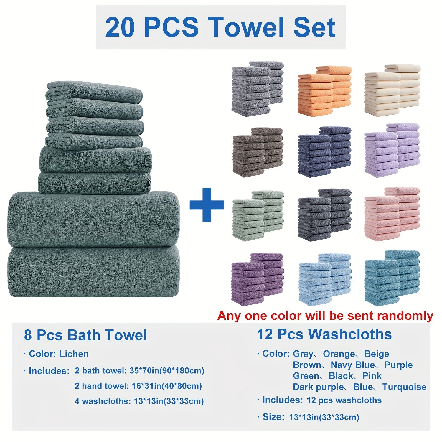 Bath Towel Set 20 Piece 100% Microfiber Absorbent Quick Dry Soft Extra Large Bath Sheets 8 Bath Towels 12 Washcloths Home Bathroom Spa Gift White Beige Gray Blue Green Purple