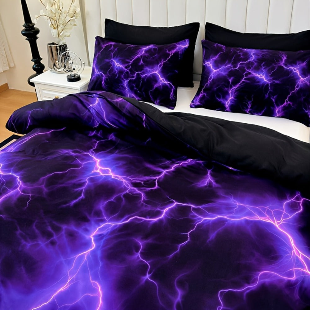 Duvet Cover Set 3 Piece Purple Lightning Digital Print - 100% Polyester Bedding Set with 2 Pillowcases, Twin Full Queen King, Colorful Graphic Bedroom Decor, Machine Washable