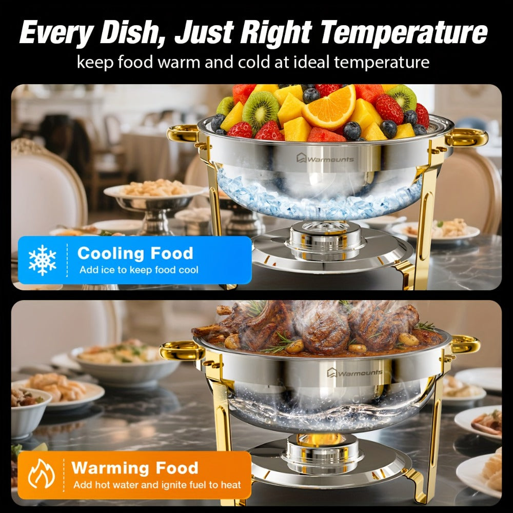 Gold Chafing Dishes Buffet Set 5QT Round Stainless Steel Food Warmer with Glass Lid Lid Holder Mirror Polished for Wedding Party Catering Events - 2 Pack or 4 Pack Chafer Buffet Server
