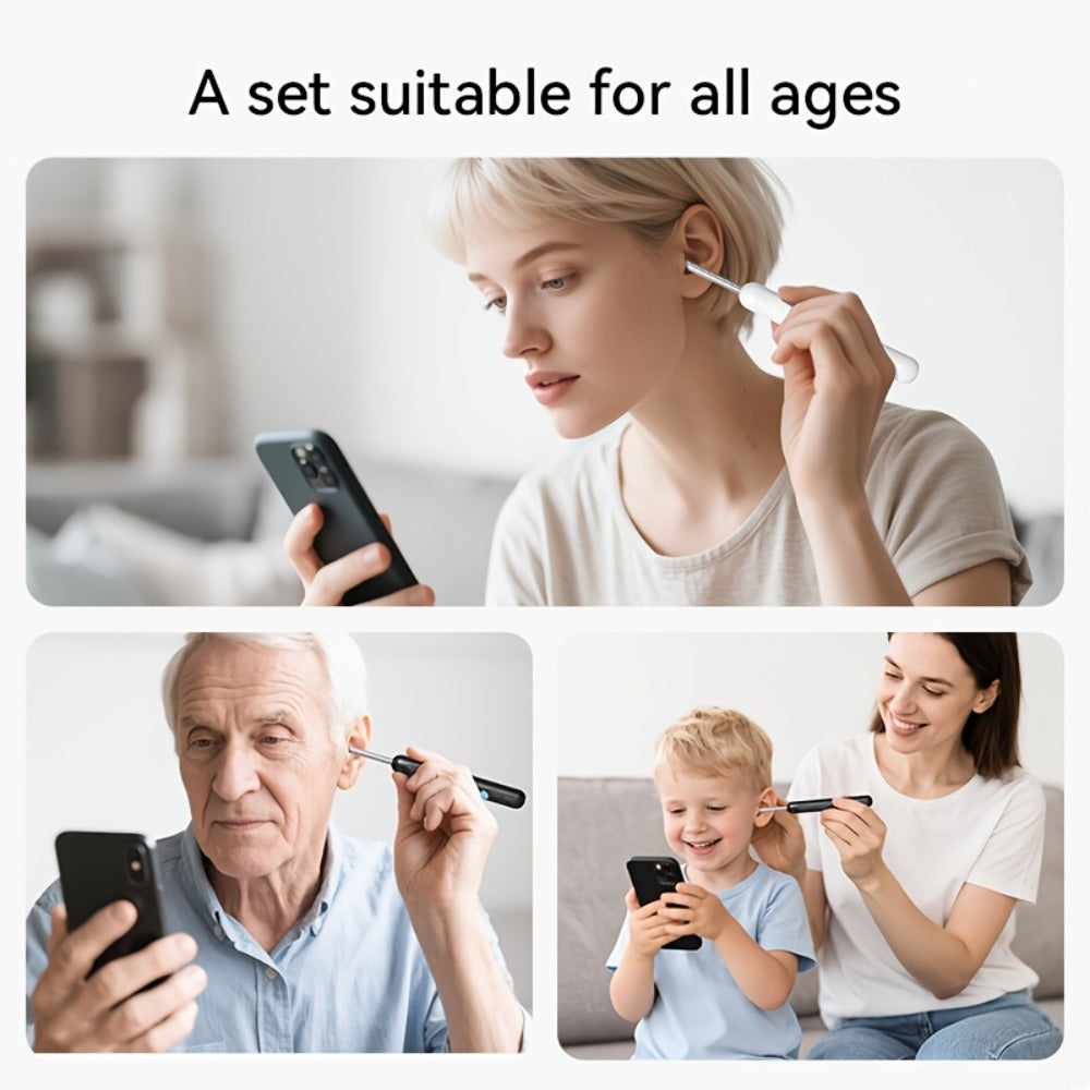 Ear Wax Removal Camera Visual Ear Cleaner 1080P HD ¨C 6 Safety Ear Spoons 7-Piece Kit, USB Charging, Real-Time Smartphone Inspection, Portable Ear Cleaning Tool for Adults Kids, Black and White