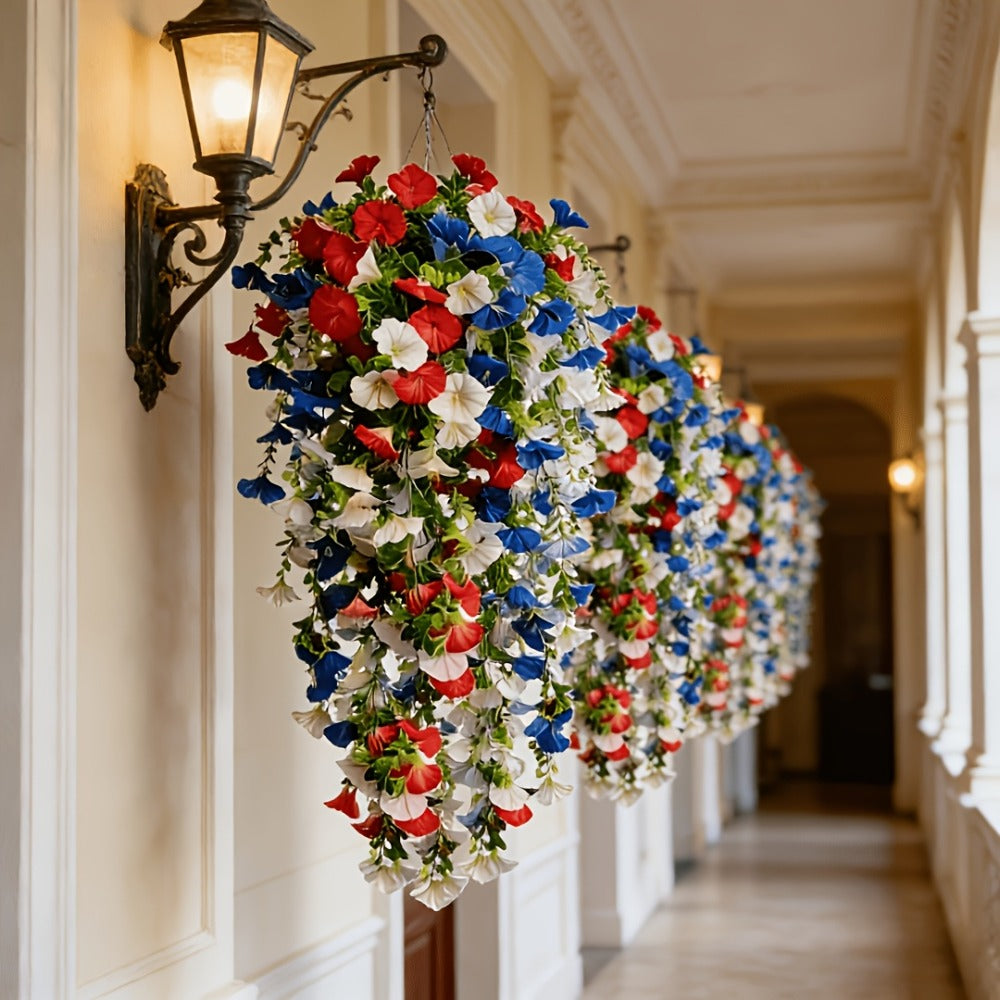 Artificial Hanging Morning Glory Flowers 6pcs - Red White Blue Fake Flower Vines for Home Garden Outdoor Indoor Decor, Independence Day Memorial Day Decoration, No Maintenance Plastic Blooms