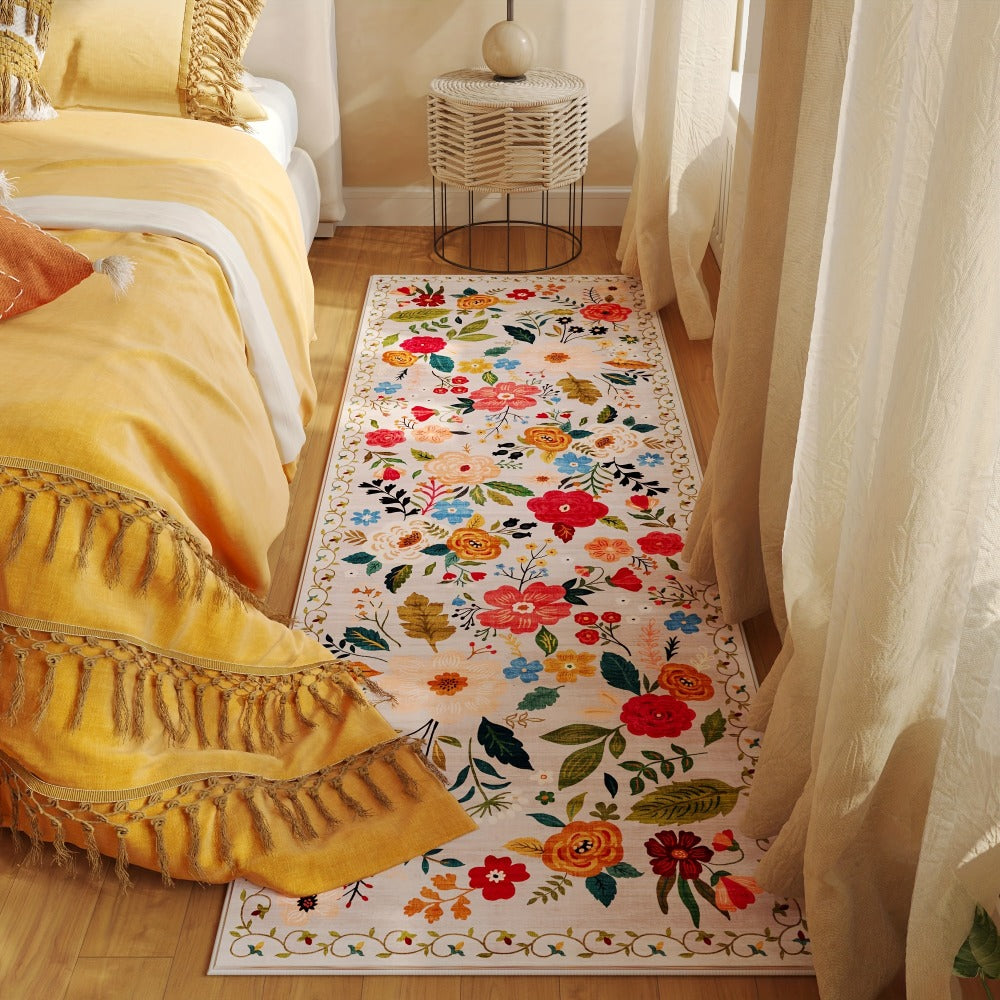 Bohemian Floral Plush Rug Non-Slip Machine Washable ¨C Soft Floral Runner Mat for Bedroom, Kitchen, Bathroom, Entryway & Living Room ¨C Easy Clean Indoor Home Decor Mat, 4 Sizes