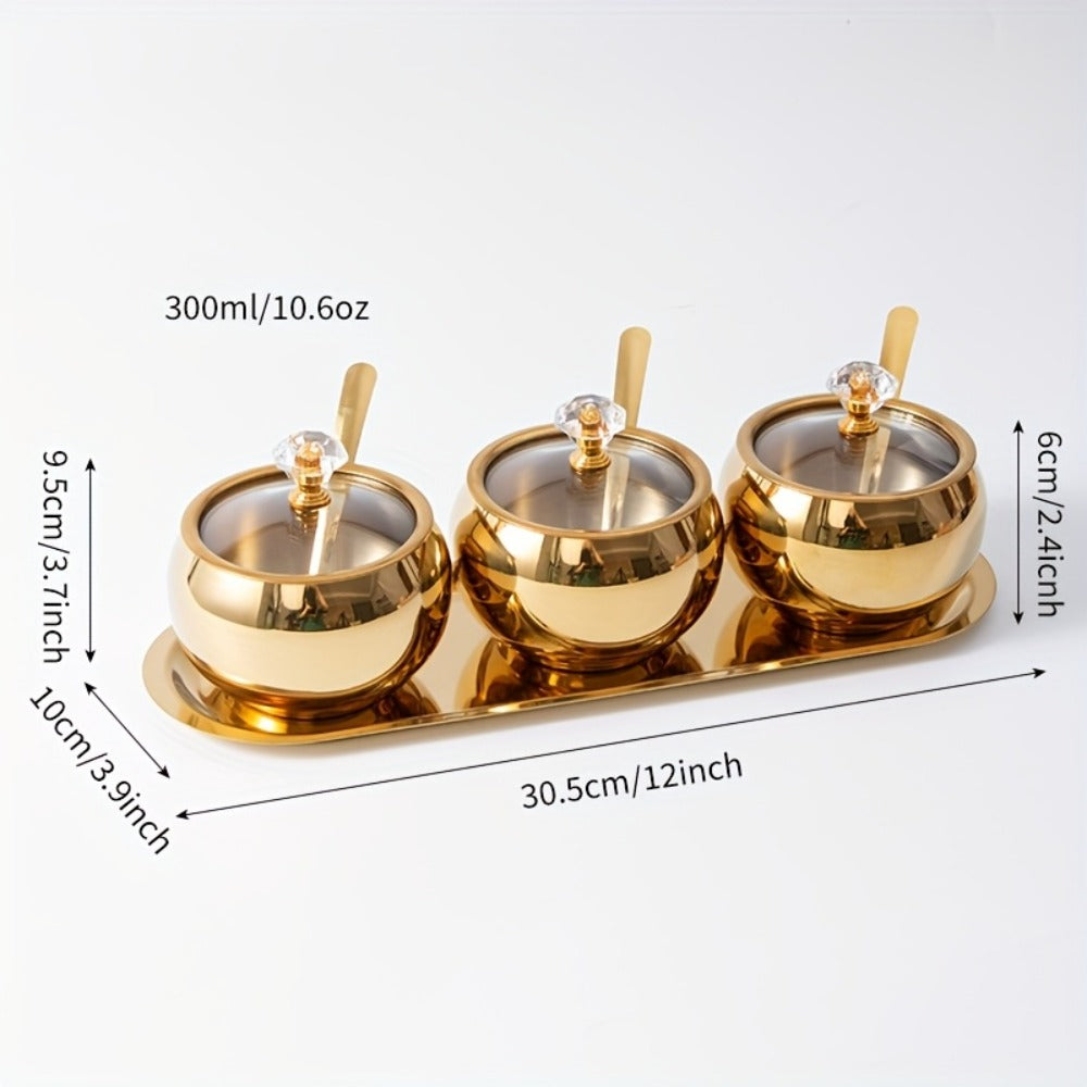 Golden Stainless Steel Seasoning Jar Set 2 or 3pcs Spice Containers with Lid and Spoon Serving Tray for Pepper Salt Spices Candy Coffee Beans Kitchen Organizer