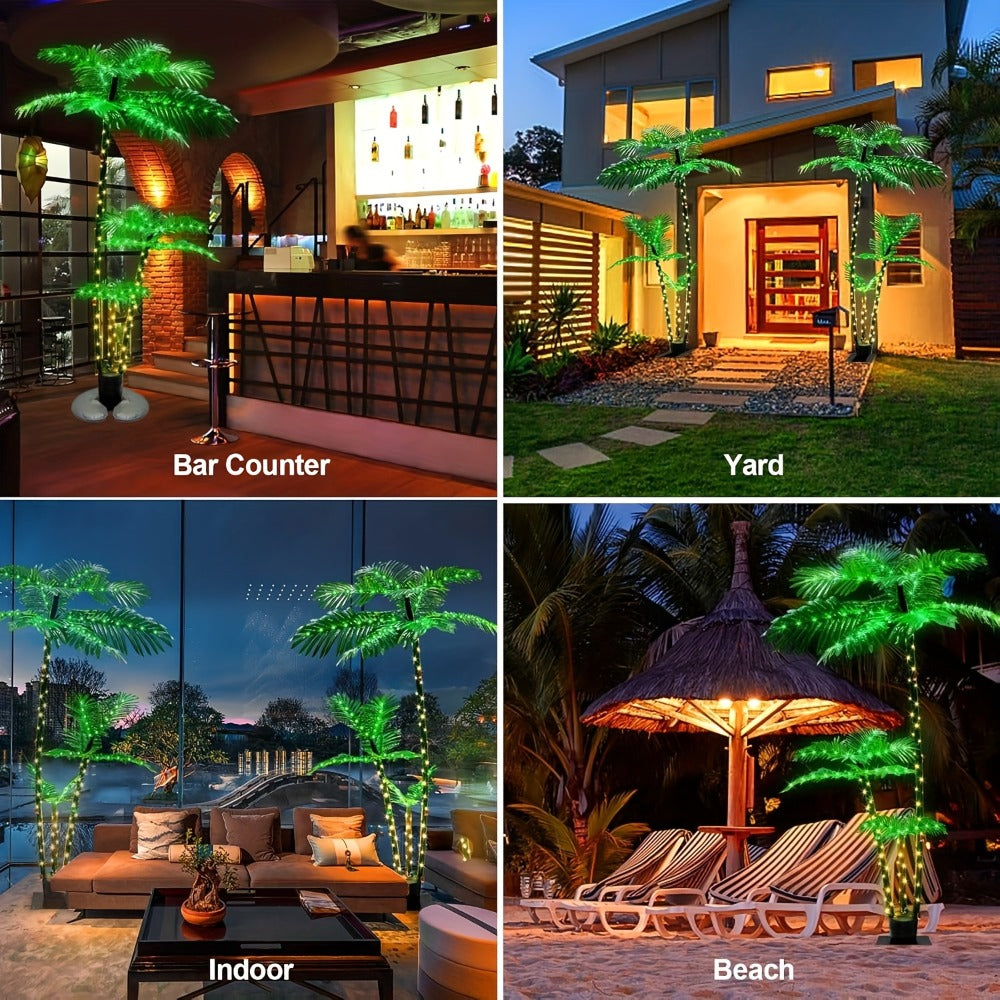 Solar Powered Artificial Palm Tree 7ft Triple Trunk 260 LED Lights 8 Modes Dimmable Timer 2200mAh Battery Metal Base Outdoor Indoor Decor Tiki Bar Patio Beach Garden Christmas Halloween Party