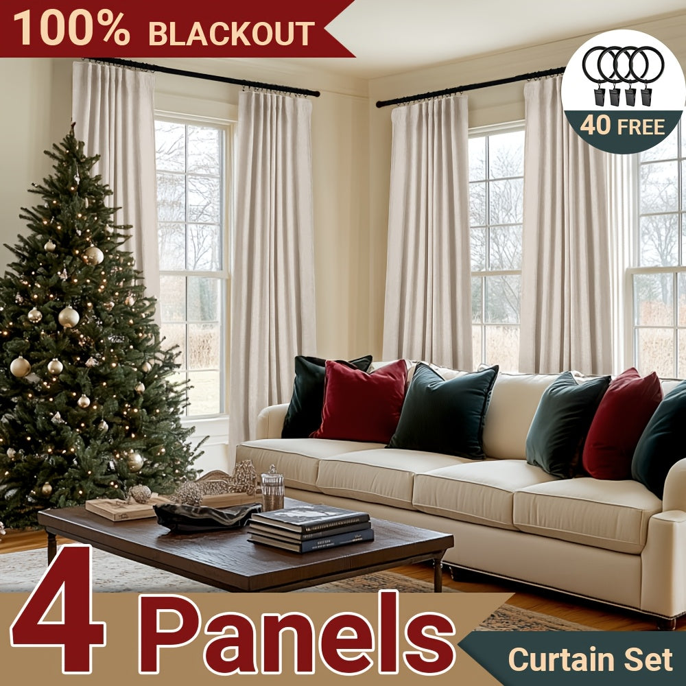 100% Blackout Curtains 4 Panels Faux Linen Textured Thermal Insulated Drapes - Room Darkening Window Curtains for Living Room Bedroom, Clip Rings & Rod Pocket, Energy Efficient Home Decor 50W x 84-120L