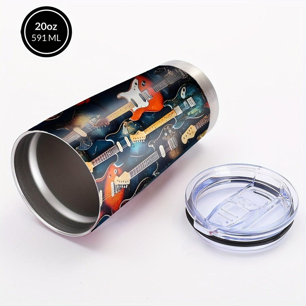 Insulated Tumbler 20oz Guitar Pattern Stainless Steel Travel Mug with Lid and Straw Double Wall Vacuum Coffee Cup Water Bottle for Hot Cold Drinks Gift for Music Lover Birthday Graduation Valentine White