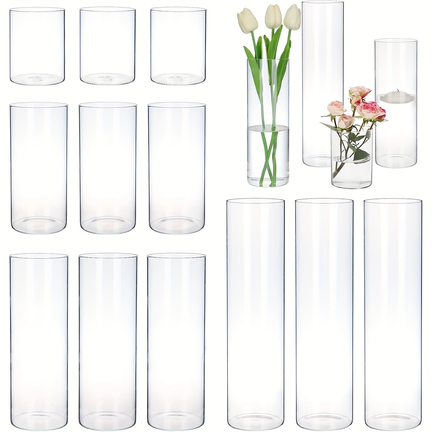 Glass Cylinder Vases Set 12 or 24pcs Clear Tall Flower Vase Candle Holder 4 Sizes for Wedding Centerpieces Home Decor Party Table Decoration DIY Candle Making