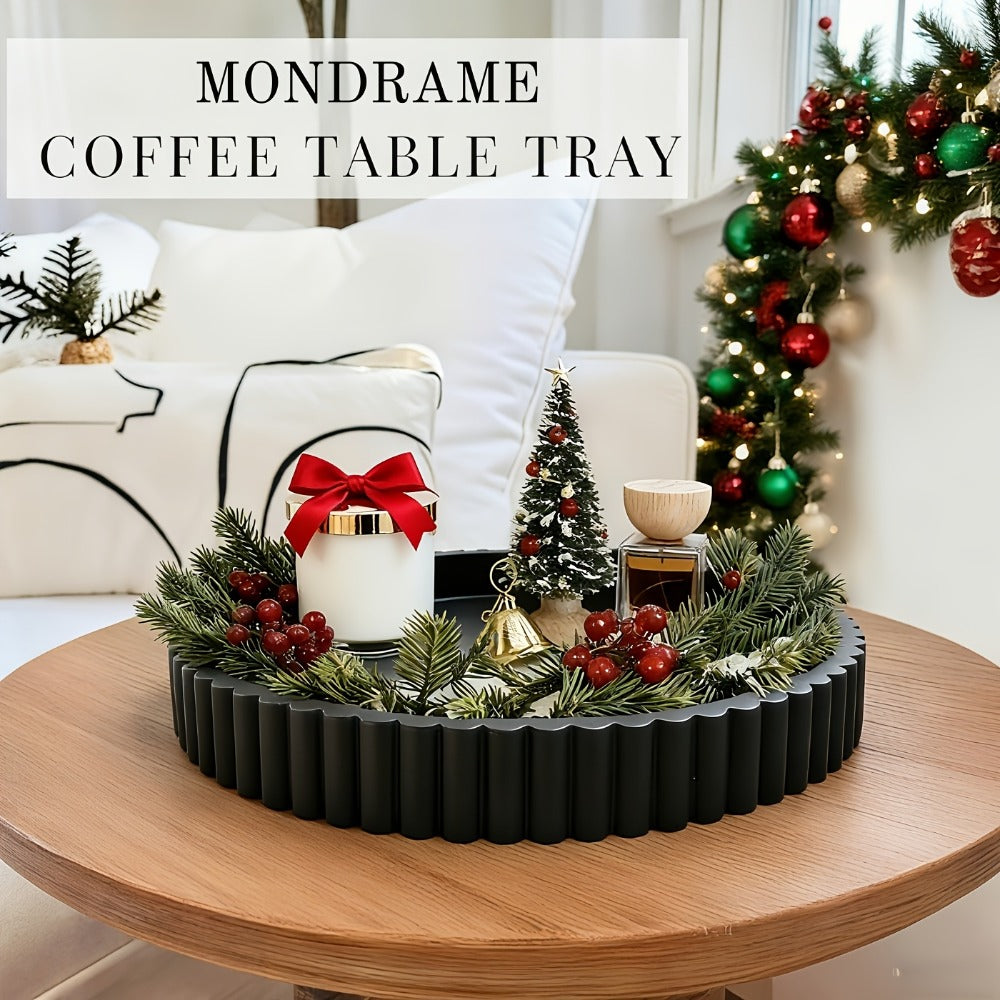 Wood Decorative Tray for Coffee Table 11 Inch Round Boho Serving Tray Wooden Centerpiece for Living Room Ottoman Console Table Jewelry Organizer Accent Decor Tabletop Storage Tray White Black