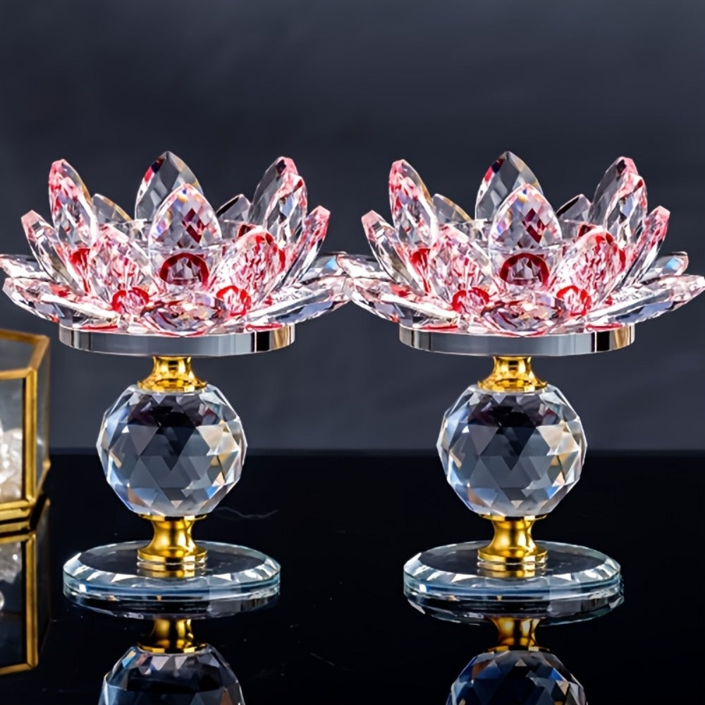 Crystal Lotus Candle Holder 2pcs, Polished Decorative Lotus Candleholder for Tea Light & Pillar Candles, Elegant Home Decor Centerpiece for Christmas, Thanksgiving, Halloween, Easter & Hanukkah ¨C Green, Purple, Blue, Pink