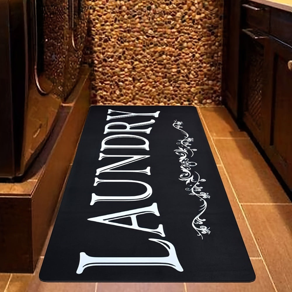 Laundry Room Mat Black & White LAUNDRY Text Non-Slip Machine Washable - Soft Polyester Cut-Pile Floor Rug for Laundry Room, Bathroom, Kitchen & Hallway, Bold Lettering Modern Farmhouse Decor