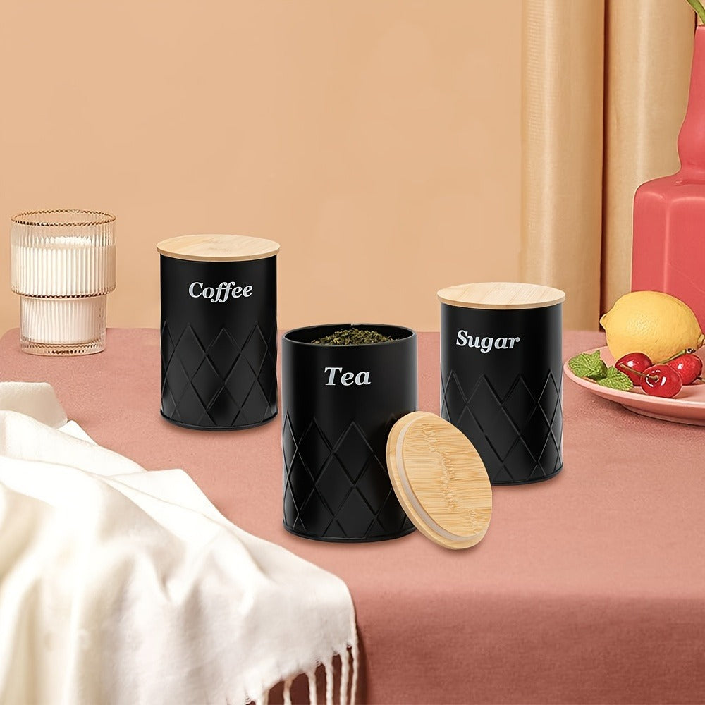 Bread Bin with 3-Piece Canister Set for Tea Sugar Coffee - Flip-Top Lid Kitchen Storage Containers Countertop Organizer Set