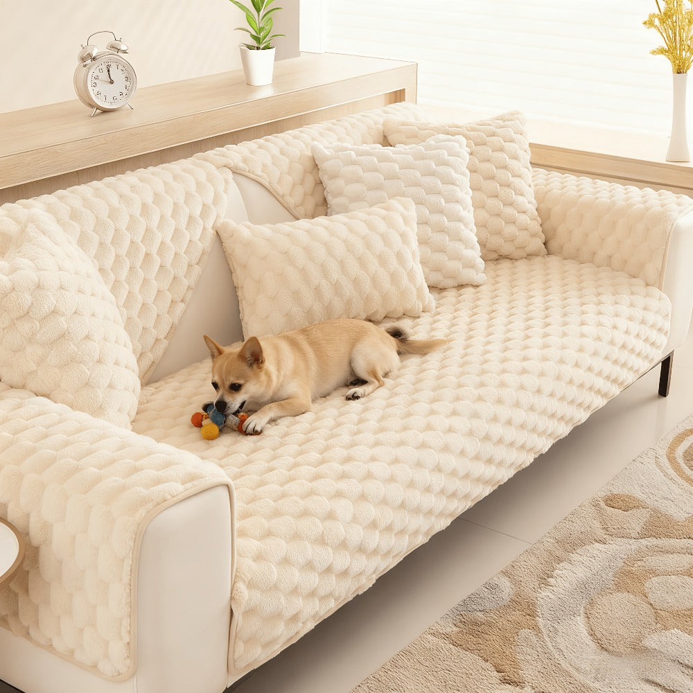 Non-Slip Sofa Cushion Cover Fuzzy Couch Pad Anti-Scratch Pet Friendly Machine Washable Fits 2 3 4 Seat Sectional Recliner 35.5 Inch Wide Beige Light Brown Grey