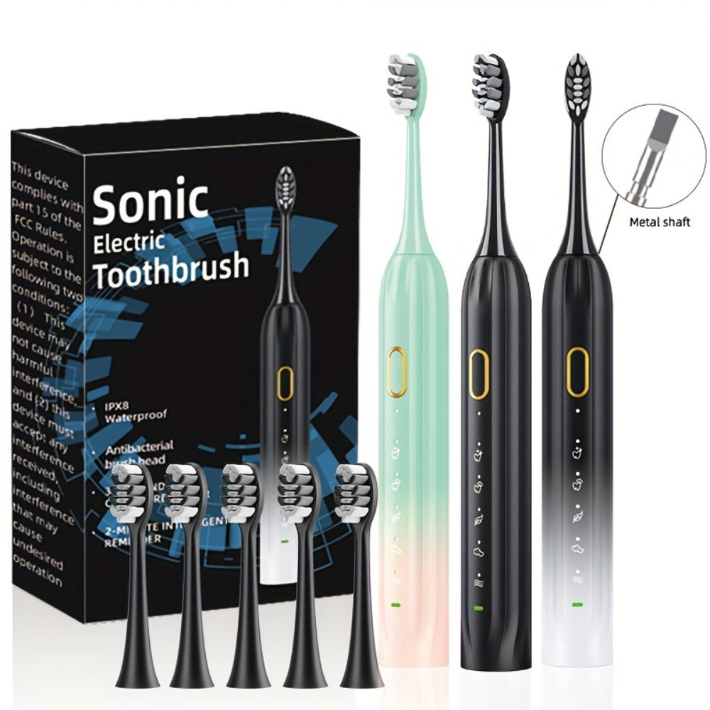Sonic Electric Toothbrush IPX8 Waterproof USB Rechargeable with 5 Replacement Brush Heads, Smart Timer, Metal Shaft, Couple Design for Adults Men & Women ¡ª Black, Green Pink, Pink White