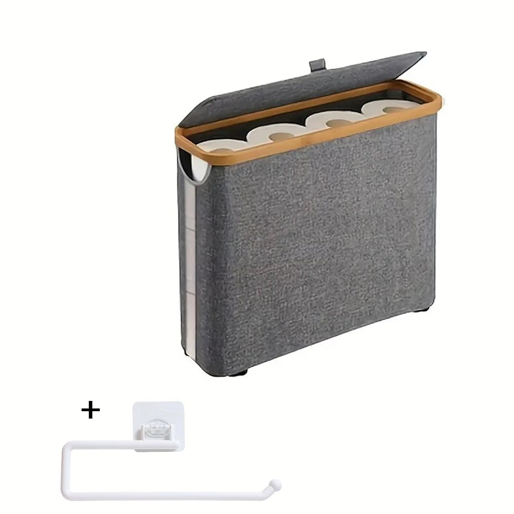 Toilet Paper Storage Basket with Bamboo Lid ¨C Large Capacity Holds 9-12 Rolls | 600D Oxford Cloth Dustproof Bathroom Organizer | Modern Farmhouse Tissue Roll Holder for Bathroom