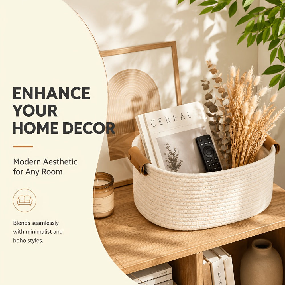 Cotton Rope Storage Basket Set of 5 Woven Baskets with Leather Handles for Shelves Bathroom Bedroom Living Room Office Organizer Bins Boho Home Decor Natural Brown White Black