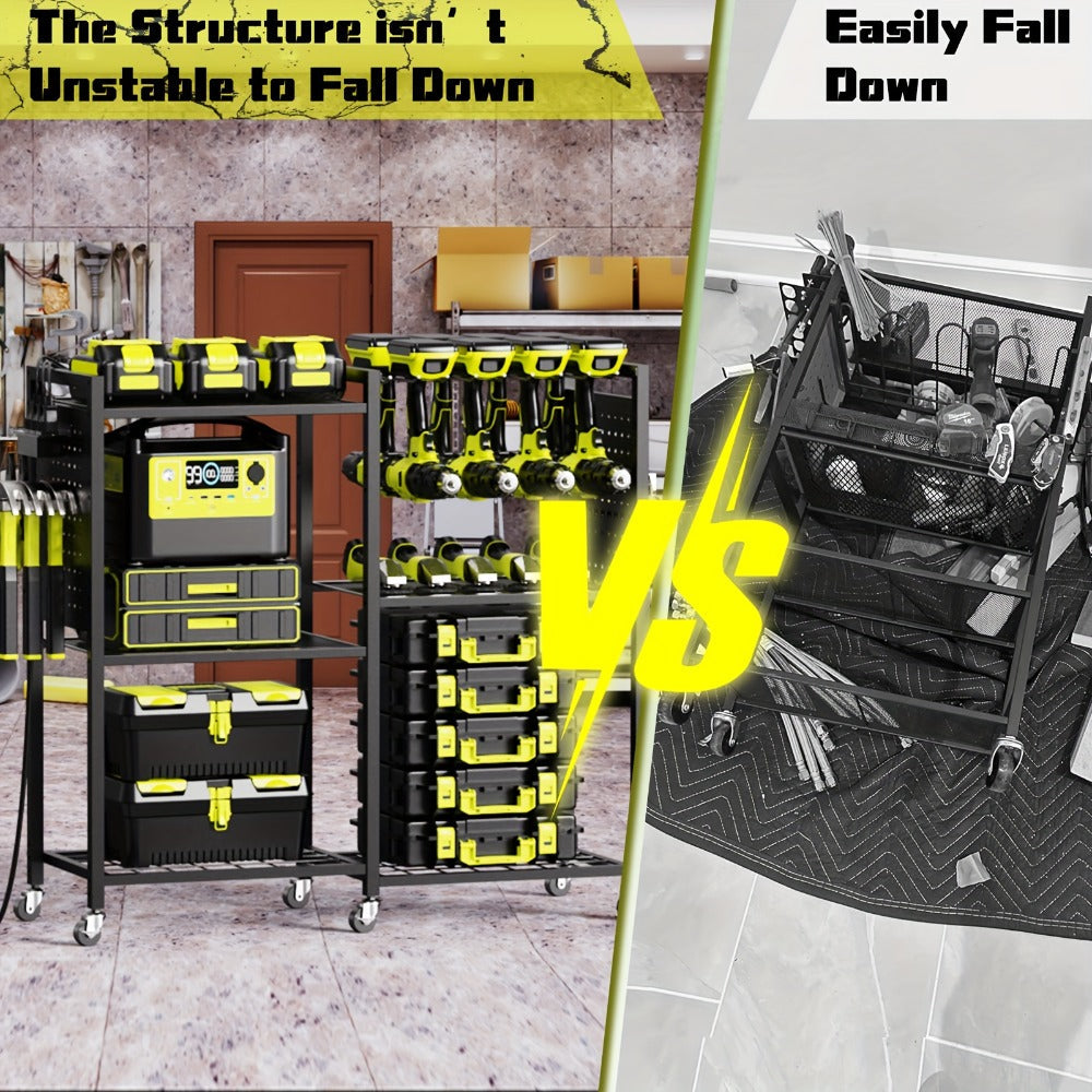 Mobile Tool Cart with Charging Station ¨C 12 Drill Holders & 5 Storage Shelves Power Tool Organizer | Rolling Utility Rack Toolbox with Battery Charging Power Strip for Garage & Workshop | 4 Colors