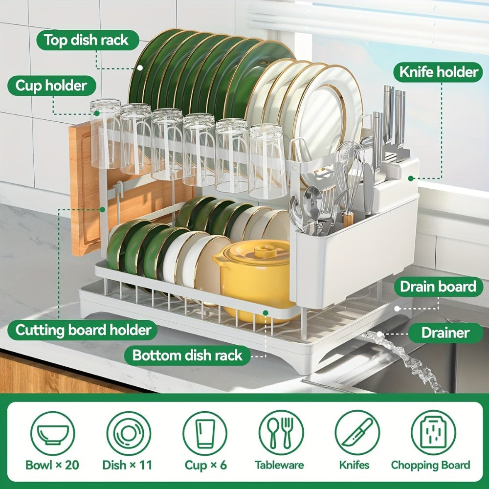 2-Tier Metal Dish Drying Rack with Drainboard ¨C Kitchen Counter Dish Drainer Compact Countertop Drying Rack Black White Gray