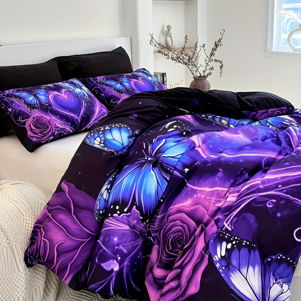 Purple Butterfly Floral Duvet Cover Set 3pcs - Colorful Fancy Butterfly Love Flower Bedding Set with 1 Duvet Cover & 2 Pillowcases, High-Definition Print, Twin Full Queen King, Polyester Bedroom Decor