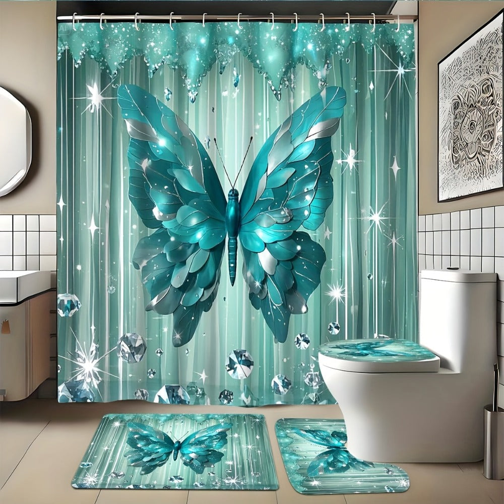 Shower Curtain Set Diamond Butterfly Print 70.8x70.8 Inch - 4 Piece Bathroom Set with U-Shape Toilet Seat Cover Non-Slip Rug 12 Hooks Machine Washable | Cyan Purple Pink | All Season Bathroom Decor