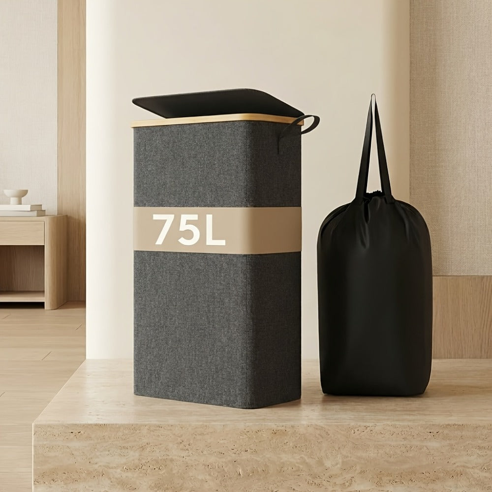 Slim Laundry Hamper with Lid & Removable Bag ¨C Foldable Narrow Clothes Basket with Bamboo Handles for Bathroom, Bedroom & Dorm ¨C 50L / 65L / 75L Space-Saving Collapsible Laundry Bin
