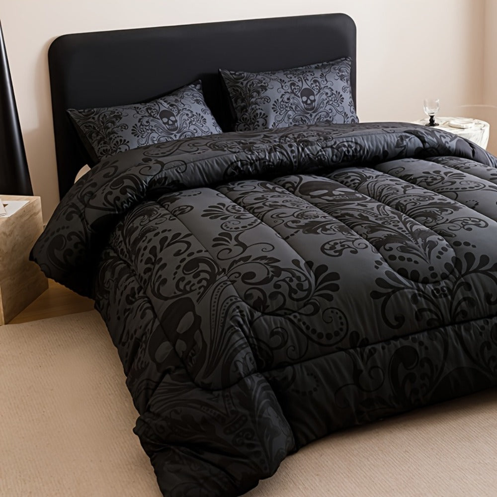 Skull Quilt Set 3pcs Gothic Victorian Comforter with 2 Pillowcases | Black Gray Digital Print Bedding Twin Full Queen King