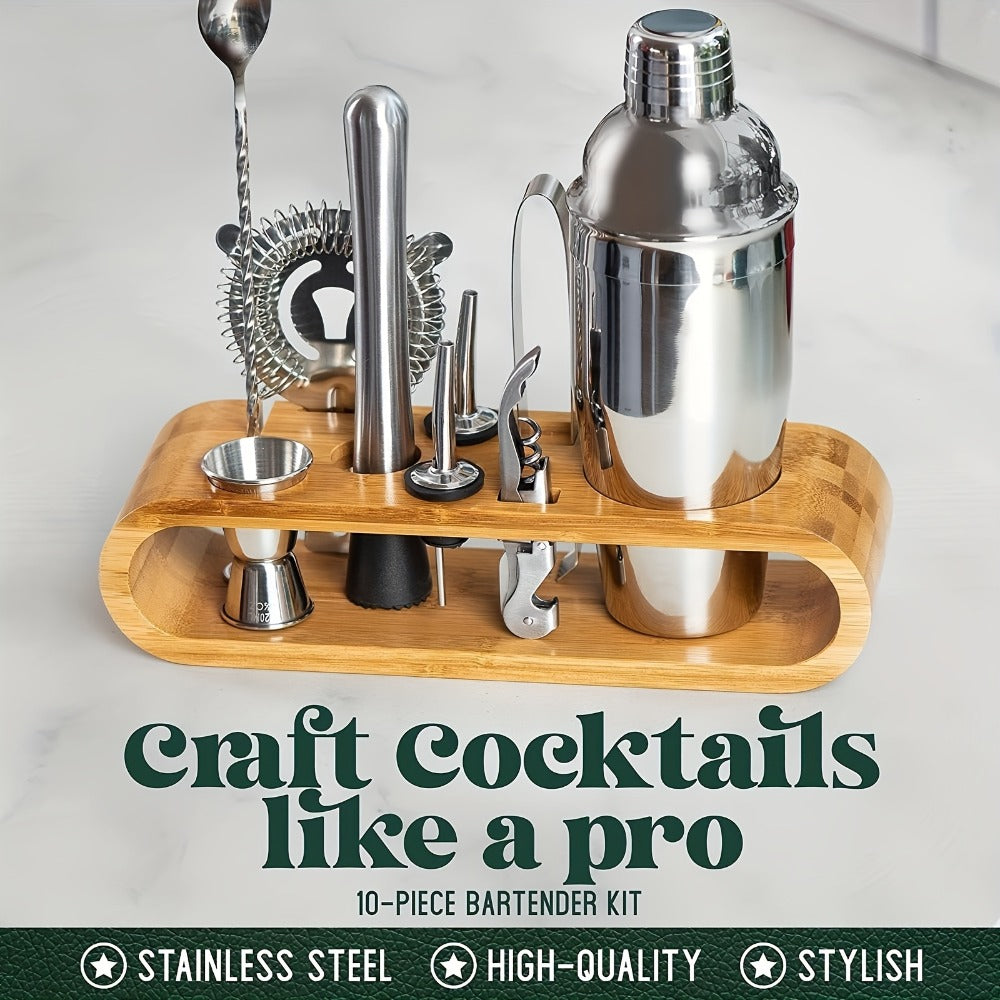 Bartender Set 10-Piece Stainless Steel Cocktail Shaker Bar Tool Kit with Bamboo Stand Home Bar Accessories Housewarming Father's Day Gift