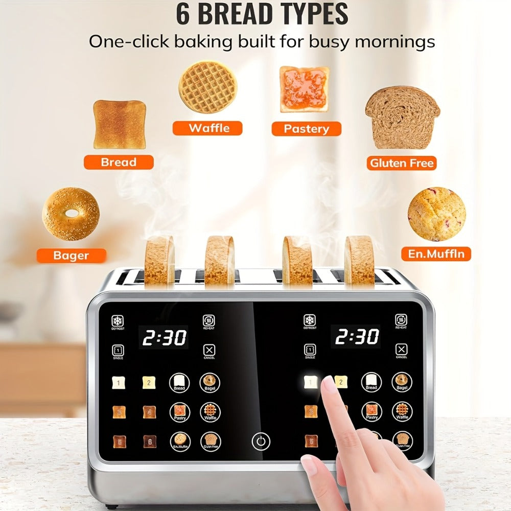 4-Slice Digital Smart Toaster with Touchscreen | Dual Control Panel, Single Slot Toasting, Timer, Reheat & Defrost Functions for Bagels, Bread & Waffles ¨C Stainless Steel Kitchen Essential