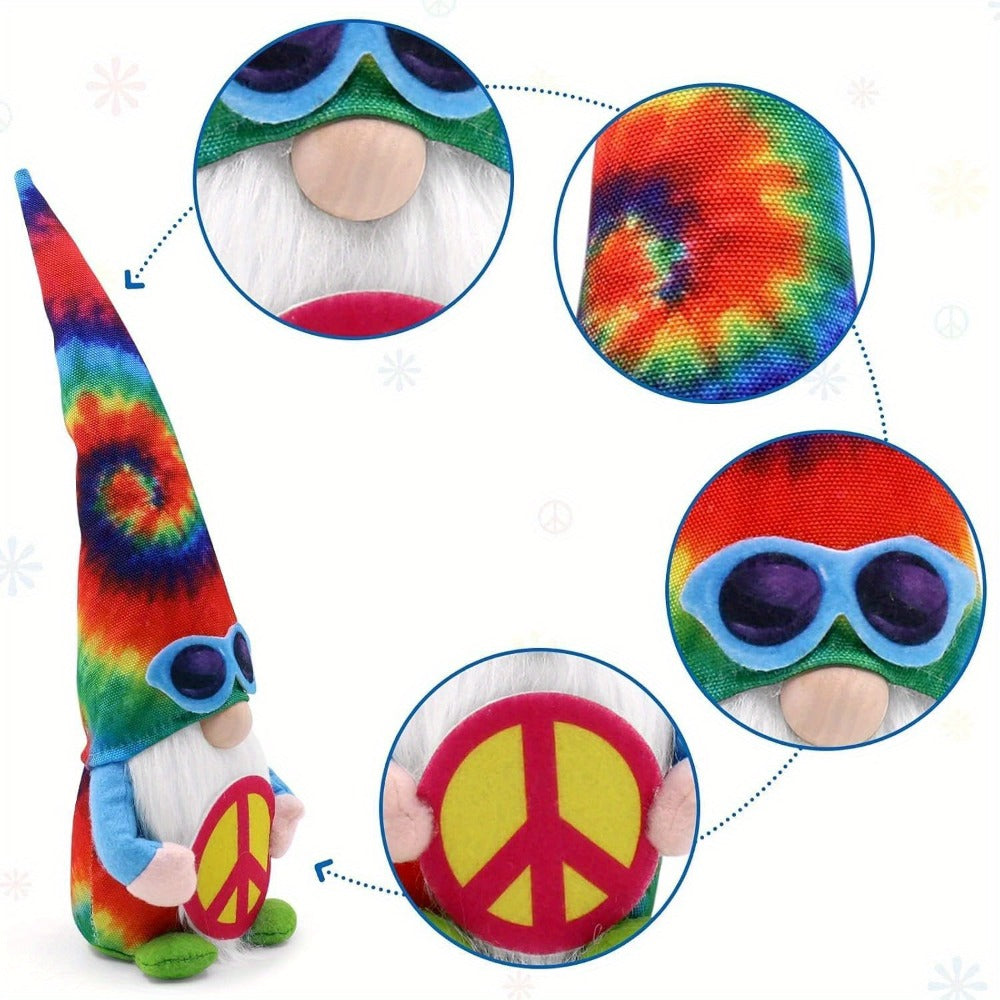 Hippie Gnomes Decorations 2 Pack ¨C Groovy Tie Dye Tomte Figurines with Peace Sign & Fashion Glasses, 13.5¡± Swedish Gnome Shelf Sitters for Farmhouse, Christmas, Halloween & Party Decor
