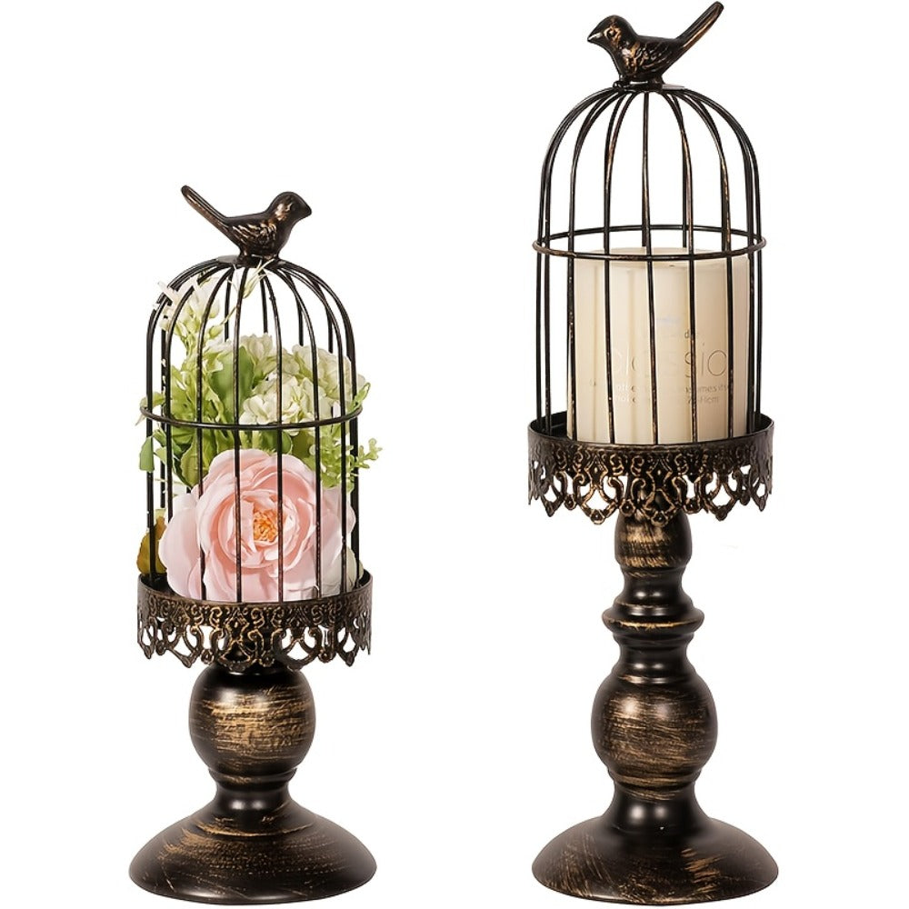 Birdcage Candle Holders Set of 2, Vintage Metal Candlestick Holders with Polished Finish ¡ª Wedding Table Centerpieces, Home Decor & Christmas Decoration | Black & White