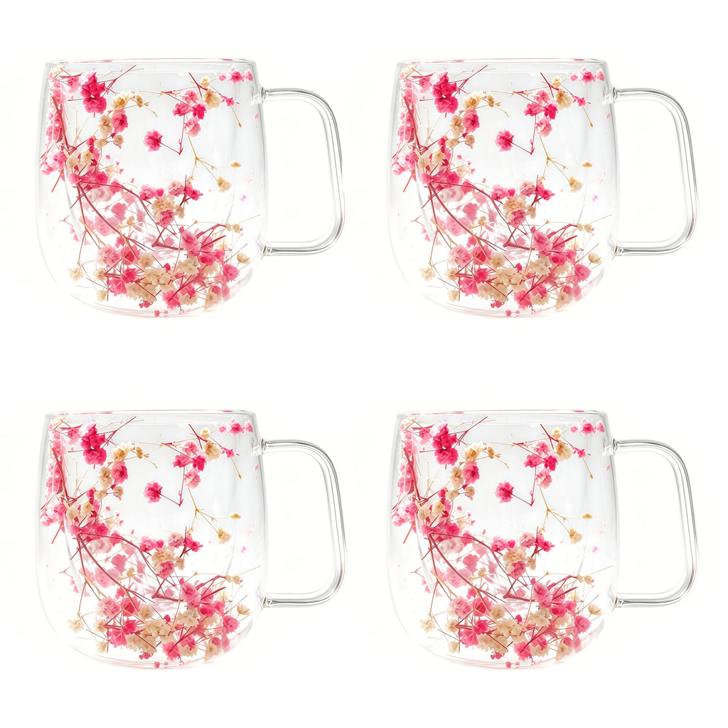 Double Wall Glass Coffee Cups with Handle Set of 4 ¨C Borosilicate Thermal Mugs for Latte Cappuccino Tea | Dried Flower & Petal Design Transparent Drinkware for Office Home Gifts