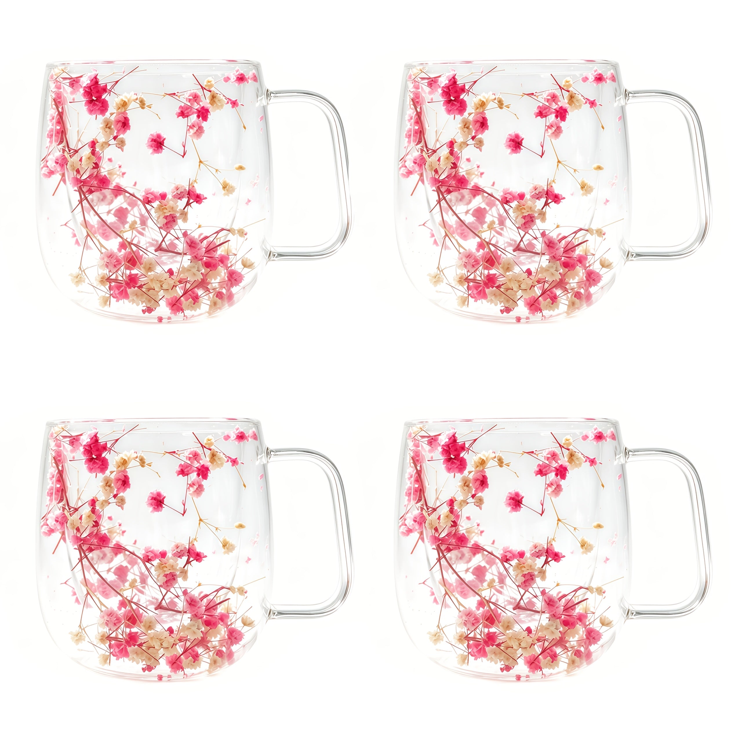 Double Wall Glass Coffee Cups with Handle Set of 4 ¨C Borosilicate Thermal Mugs for Latte Cappuccino Tea | Dried Flower & Petal Design Transparent Drinkware for Office Home Gifts