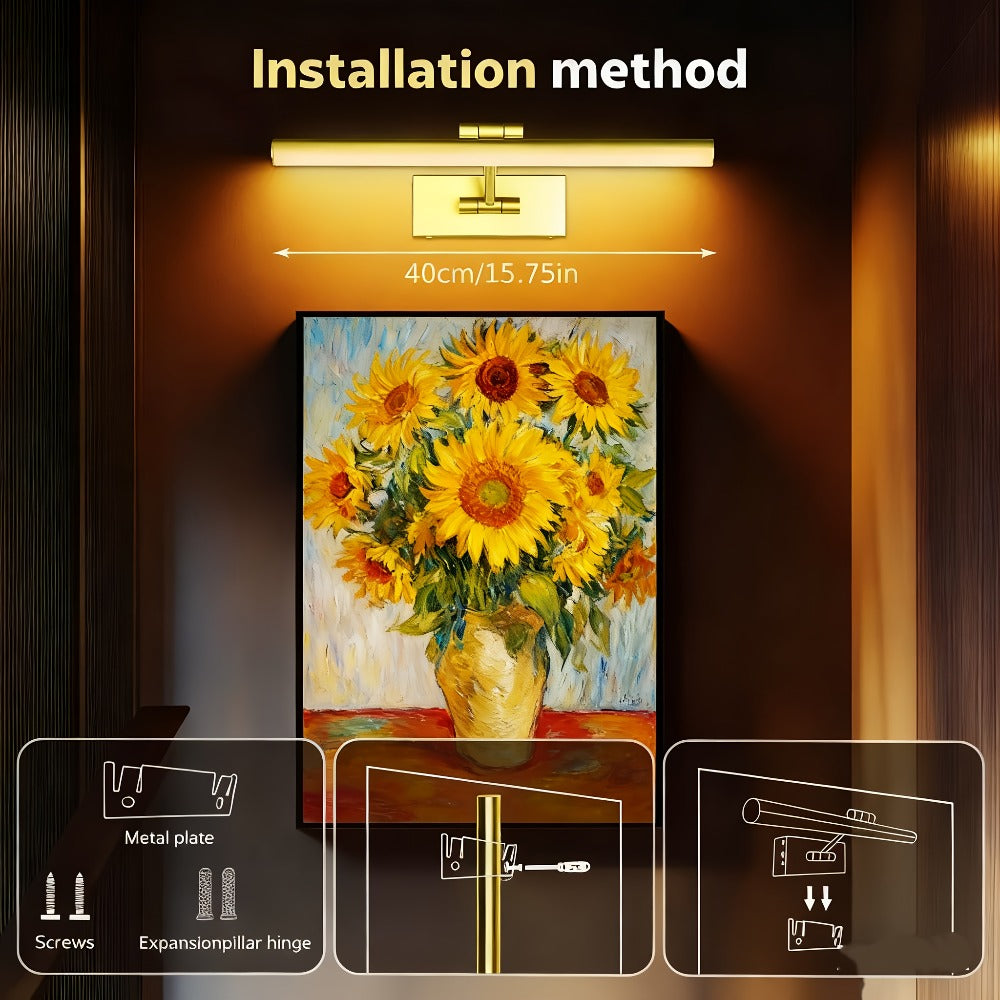 Picture Light 16 Inch Wireless Battery Powered LED Wall Light 6000mAh Rechargeable Remote Control Adjustable Brightness Art Light for Photo Frame Portrait Gallery Painting Home Decor Gold Black