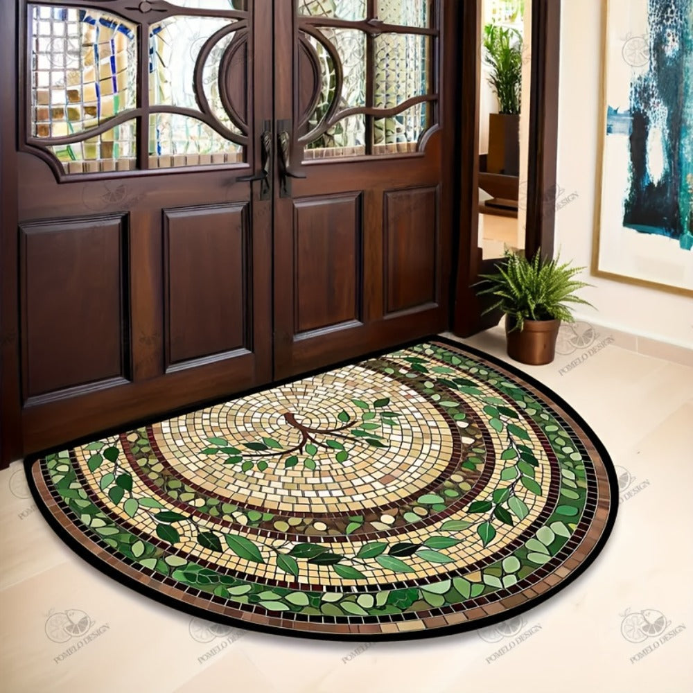 Welcome Mat Half Round Door Mat Ethnic Style Retro Stone Leaf Print Washable Indoor Outdoor Rug 32x20 Inch Non-Slip Entryway Mat for Front Door Kitchen Patio Courtyard Holiday Home Decor