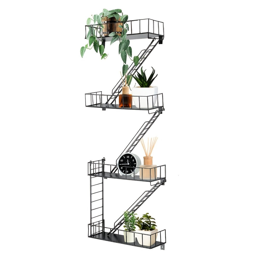 Wall Mounted Staircase Shelf with Hooks, Multi-Level Iron Storage Rack Floating Shelves for Bedroom Living Room Kitchen, Contemporary Metal Wall Organizer Home Decor Display