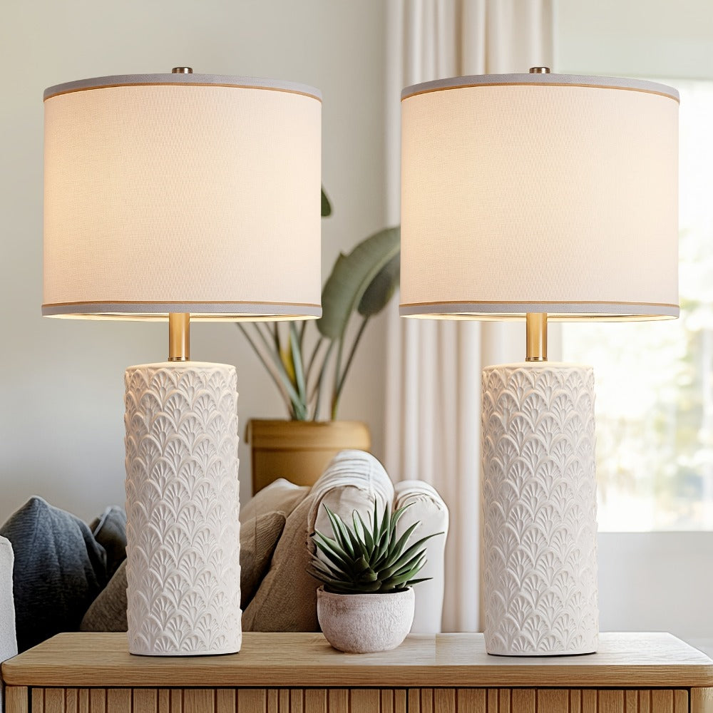 Ceramic Table Lamp ¨C Modern Farmhouse Bedside Lamp with Drum Shade, 3 Color Temperature, Knob Switch, 9W LED Bulb Included, Rustic Nightstand Desk Light for Bedroom Living Room Office Dorm (Multiple Colors)