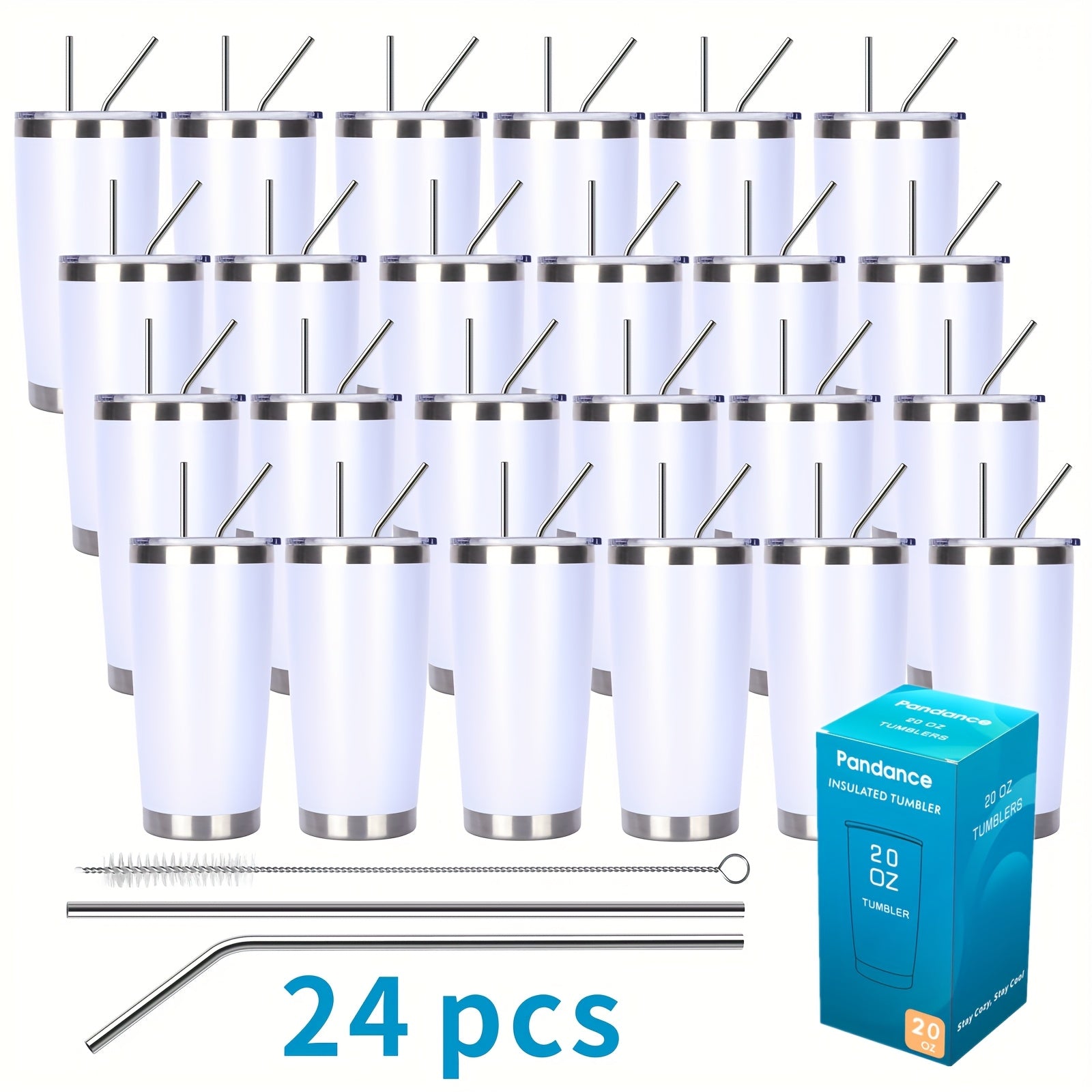 Stainless Steel Insulated Tumblers with Lid and Straw Bulk 20oz 304 Double Wall Vacuum Travel Mug for Hot Iced Coffee Drinks Water Cup Set 8pcs 12pcs 24pcs White Navy Blue Red Silver Black Mix