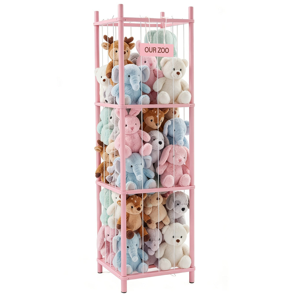 Wooden Stuffed Animal Storage Organizer for Kids Large Plush Toy Holder Zoo Space Saving Display Rack for Playroom Bedroom Nursery Natural White Pink