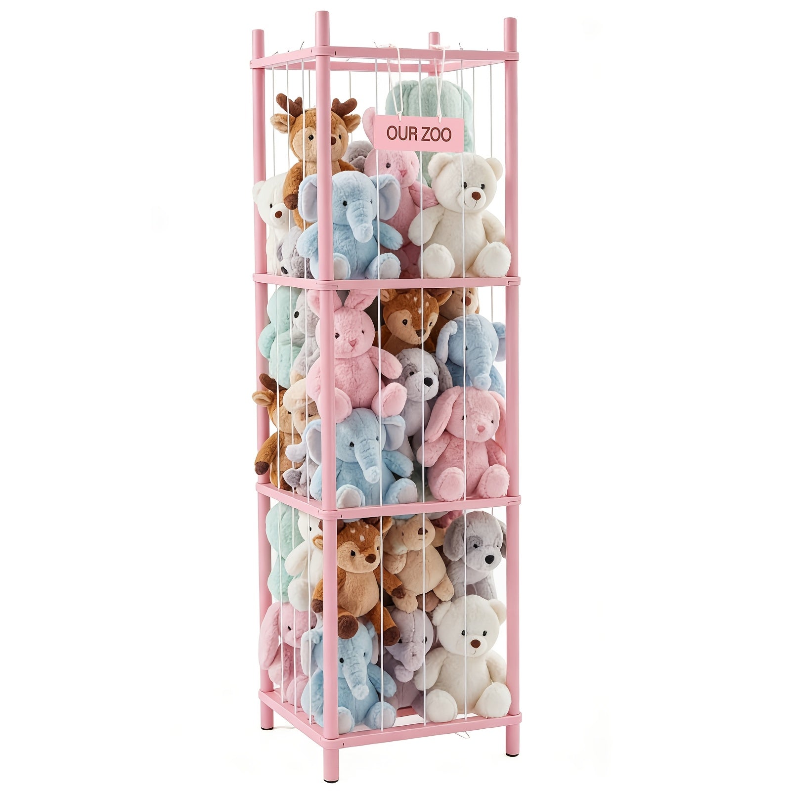 Wooden Stuffed Animal Storage Organizer for Kids Large Plush Toy Holder Zoo Space Saving Display Rack for Playroom Bedroom Nursery Natural White Pink