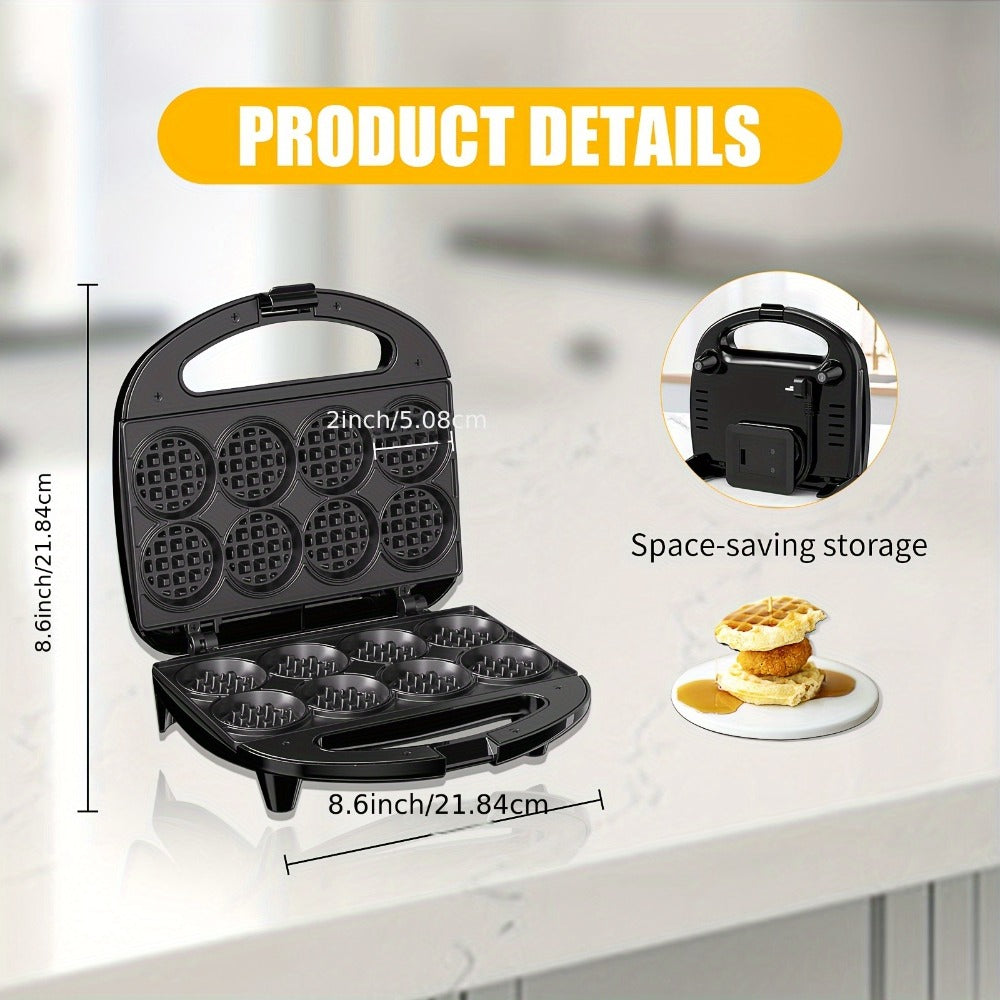 Mini Waffle Maker Machine Makes 8 Bite-Sized 2-Inch Waffles, Dual Non-Stick Aluminum Plates, Cool-Touch Handle, Compact Space-Saving Design for Family Breakfast, Snacks & Desserts
