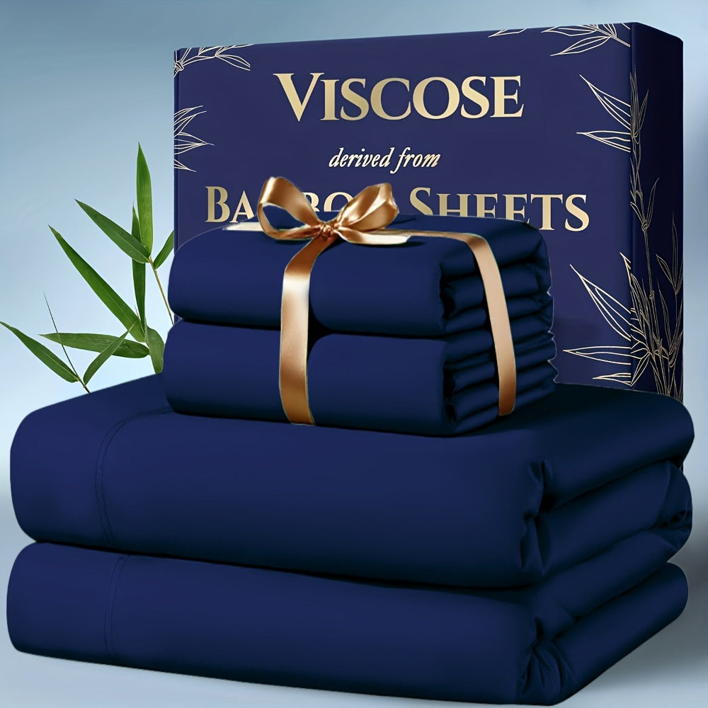 Bamboo Cooling Bedding Set 4pcs - Deep Pocket Fitted Sheet, Flat Sheet & Pillowcases for Hot Sleepers, Breathable Soft Viscose Sheets Twin Full Queen King