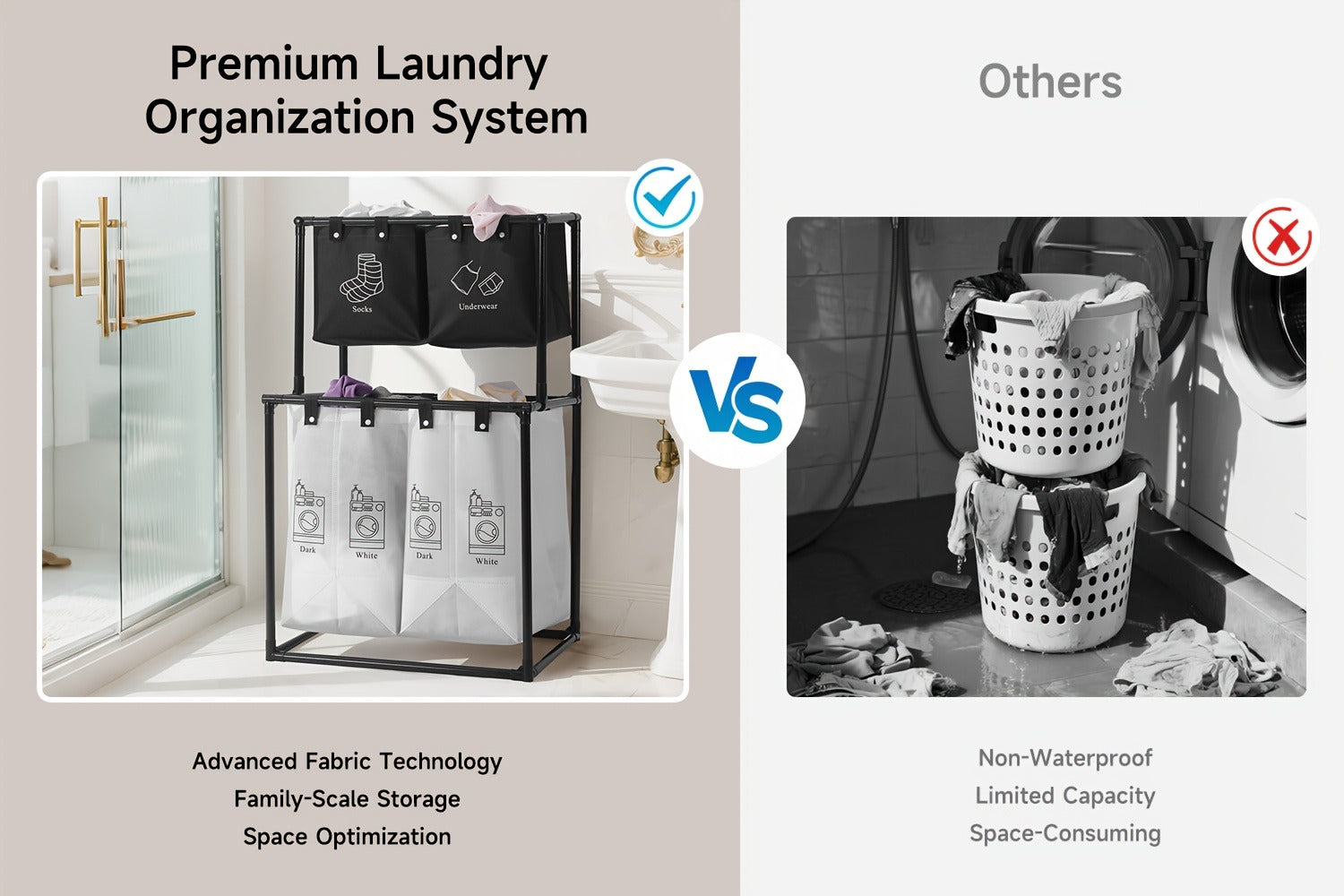 Laundry Sorter 2-Tier with Removable Bins - Collapsible Clothes Hamper Oxford Fabric Double Laundry Basket for Bedroom Bathroom Kids Adults Dorm Travel with 10 Cable Ties