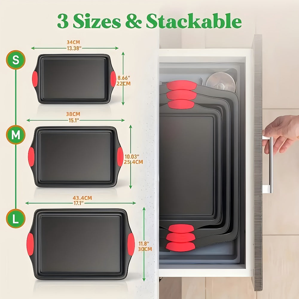 Nonstick Baking Pan Set of 3, Carbon Steel Baking Sheets with Red Silicone Handles, Double-Sided Non-Stick Coating, Oven & Toaster Safe, Professional Bakeware for Home & Commercial Kitchen Use