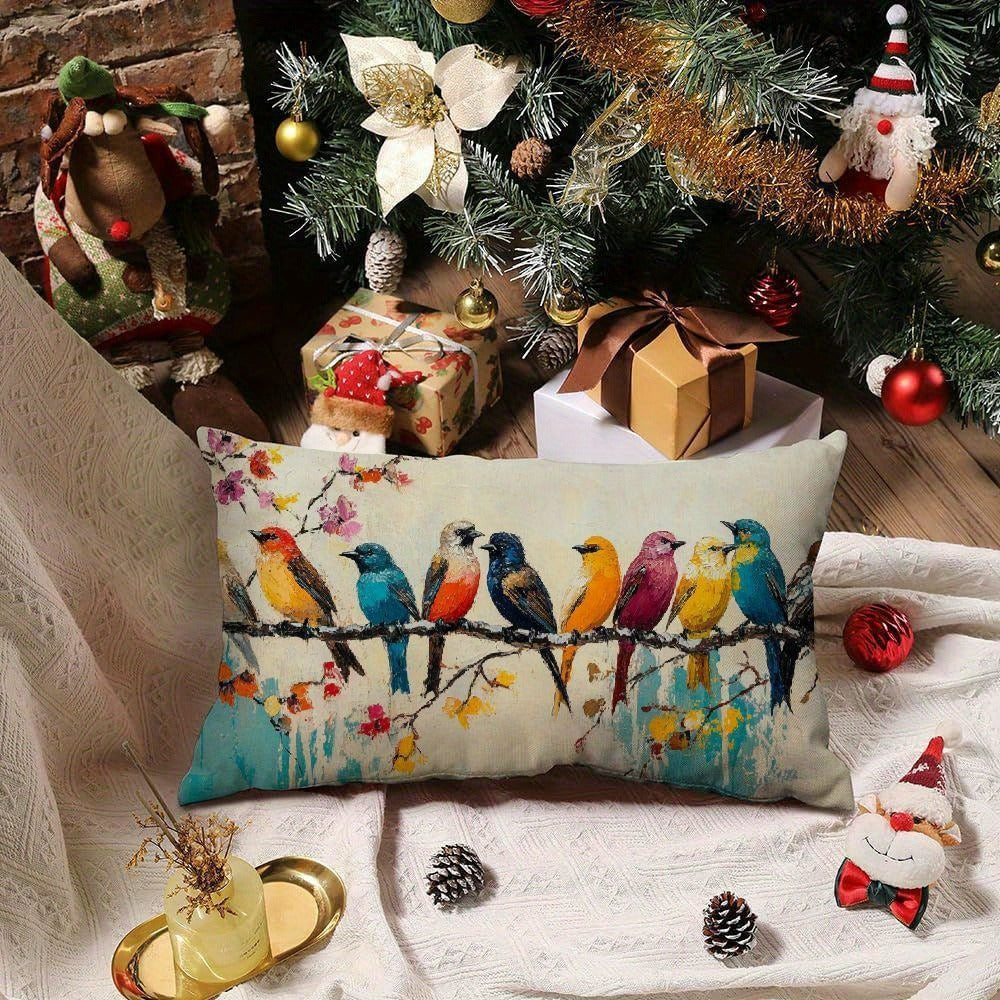 Lumbar Pillow Covers 12x20 Inch Watercolor Bird Pattern - Decorative Linen Throw Pillow Cases Cute Nature Print Zipper Closure | 1pc or 2pcs | Bedroom Living Room Sofa Couch Cushion Cover Home Decor